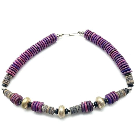 Unbranded Jewelry - Purple Disc Necklace Silver Tone Beads Ethnic Native Tribal Southwest Classic